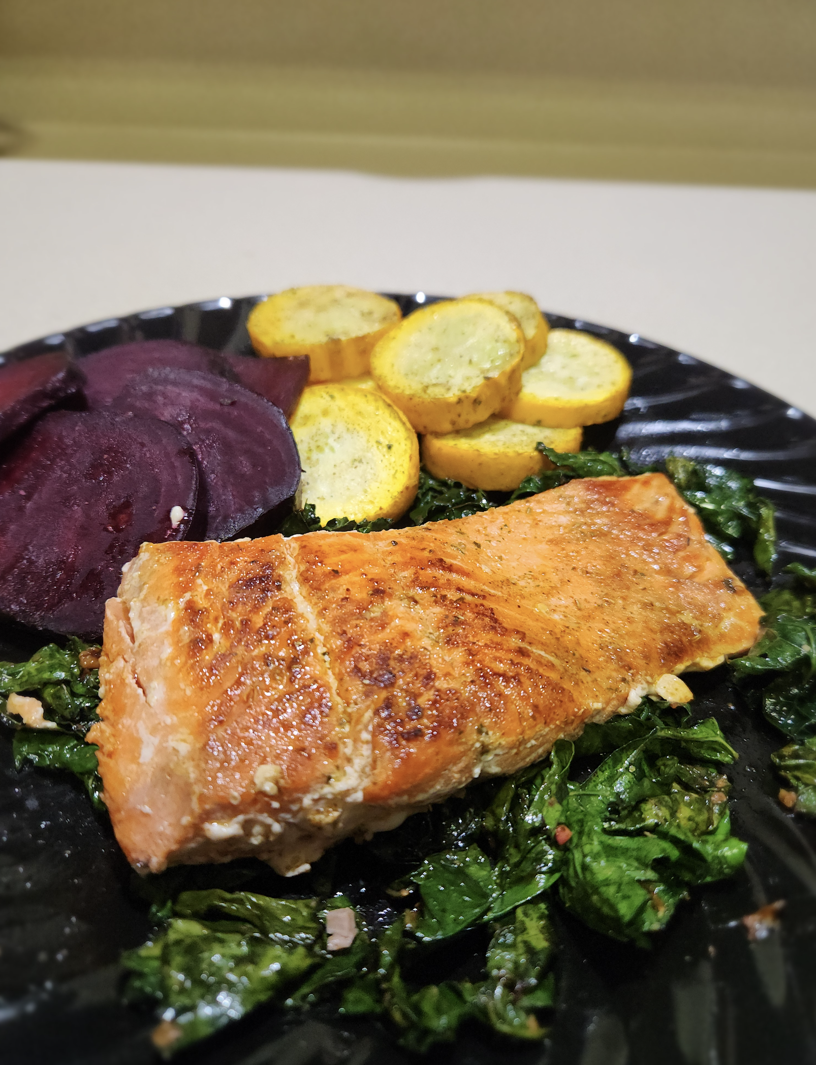 Image of Roasted Beets & Yellow Squash with Sautéed Kale and Salmon